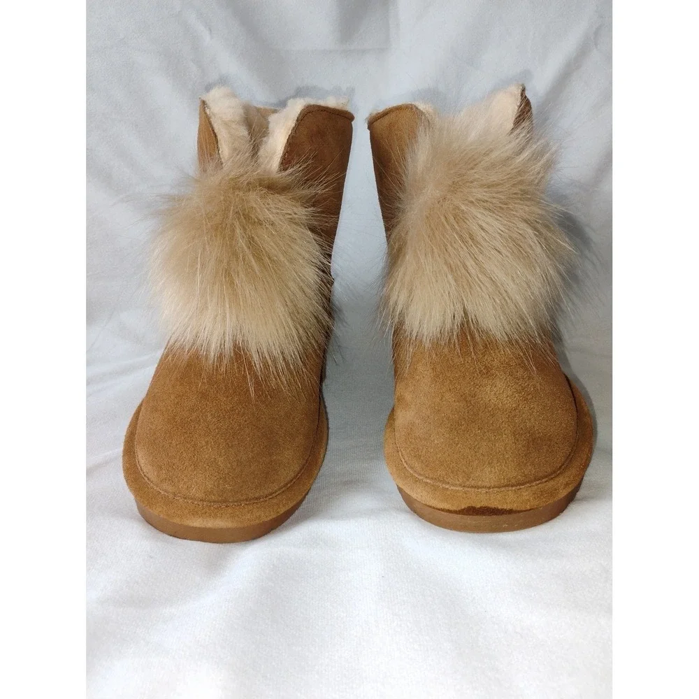 Bearpaw Suede Boots with Fur Pom Pom Detail - Women's‎ Winter Ankle Boots
